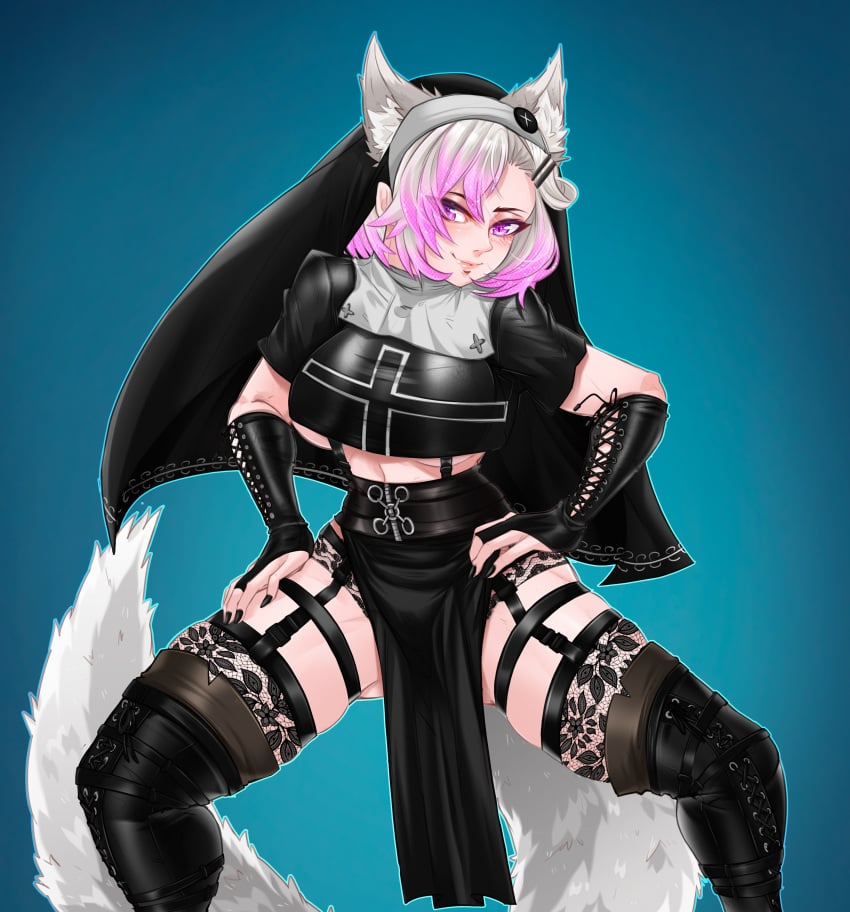 black_nails blue_eyes blue_streak fox_ears fox_girl fox_tail loincloth lonewolf_(vtuber) medium_breasts meme_reference no_nut_november nun's_habit nun_outfit pink_eyes pink_fur pink_streak shiroart smile thick_thighs thigh_high_boots thigh_highs thigh_strap virtual_youtuber vtuber white_fur white_hair