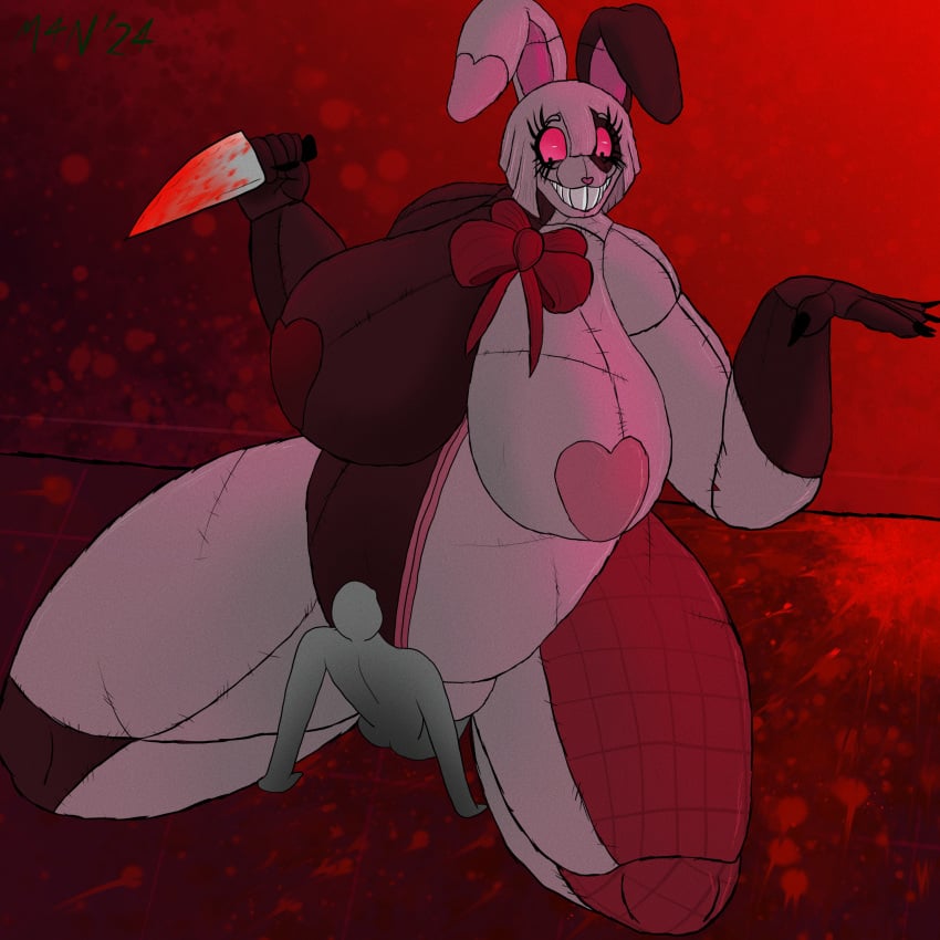 1:1 absurd_res animate_inanimate anon anthro belly between_thighs big_belly blood bodily_fluids bow_ribbon bowl_cut buckteeth creepy creepy_face creepy_smile duo evil_grin evil_look eyebrows eyelashes eyelashes_through_hair female five_nights_at_freddy's genitals hair heart_pasties heart_sticker heart_symbol hi_res horror_(theme) huge_thighs human humanoid knife lagomorph larger_female leporid living_plushie m4n male male/female mammal nails overweight overweight_anthro overweight_female pasties patchwork_creature patchwork_monster pinned pinned_to_ground plump_labia plushie pussy rabbit raised_eyebrow raised_eyebrows scary scottgames seam_(sewing) sharp_nails size_difference slasher smaller_male smile smiling_at_another smiling_at_viewer stitch_(sewing) teeth thick_thighs tlt_echelon translucent translucent_hair vanny_(fnaf) white_hair