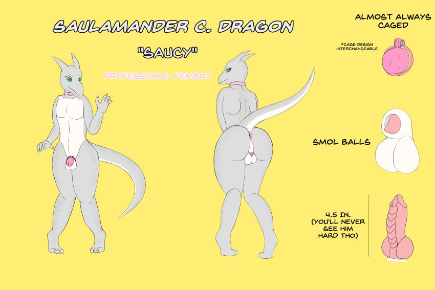 3:2 absurd_res animal_genitalia anthro anus ass backsack balls big_butt chastity_cage chastity_device collar dragon english_text genitals hi_res looking_back male model_sheet mythological_creature mythological_scalie mythology onesaucydragon penis presenting presenting_hindquarters raised_tail rear_view saulamander scales scalie sheath solo tail text wide_hips