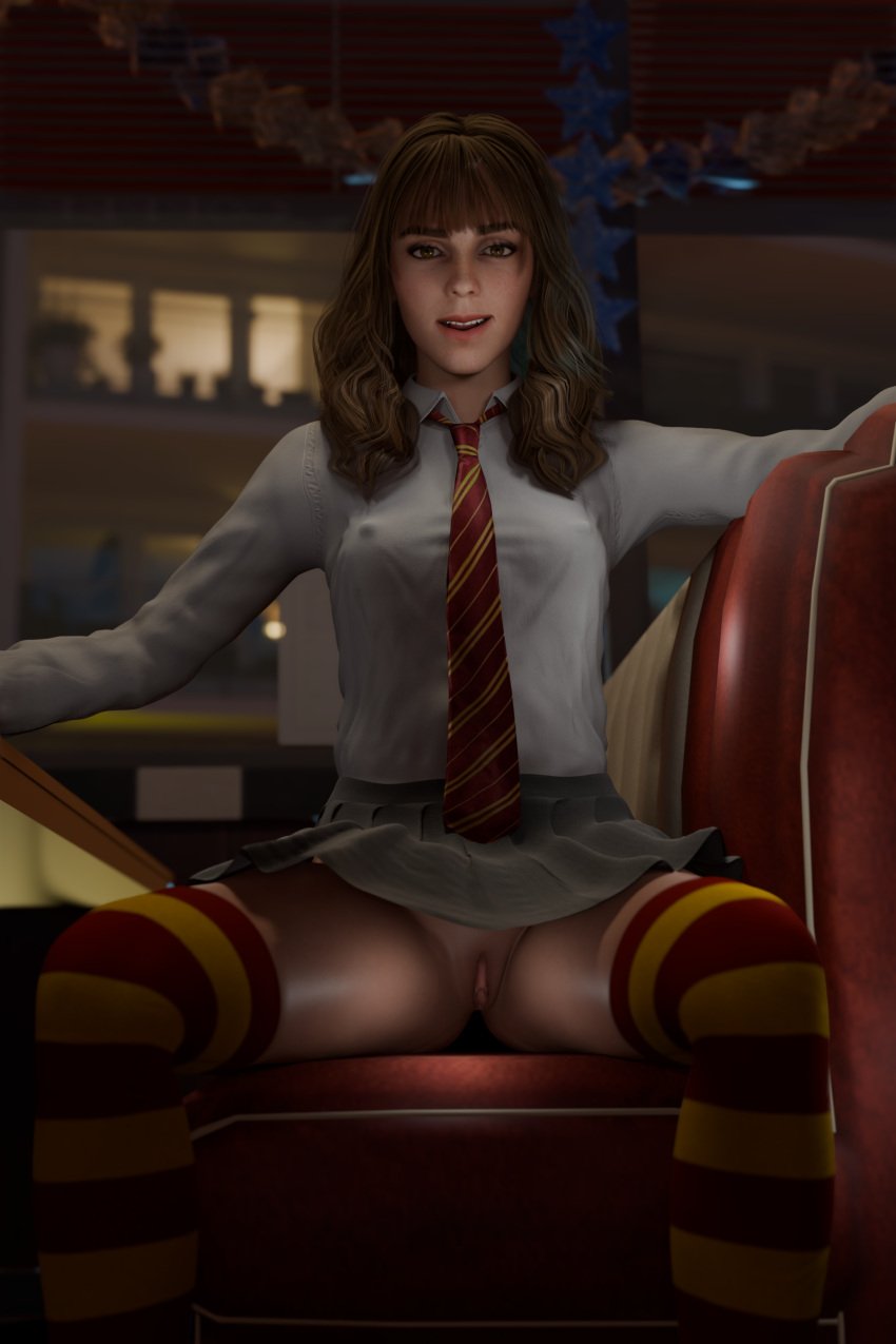 3d blender brown_hair emma_watson enigmaj female_focus female_only flashing_pussy harry_potter hermione_granger legs_spread light-skinned_female looking_at_viewer no_panties pokies pussy sitting skirt solo_female thighhighs tie upskirt white_shirt