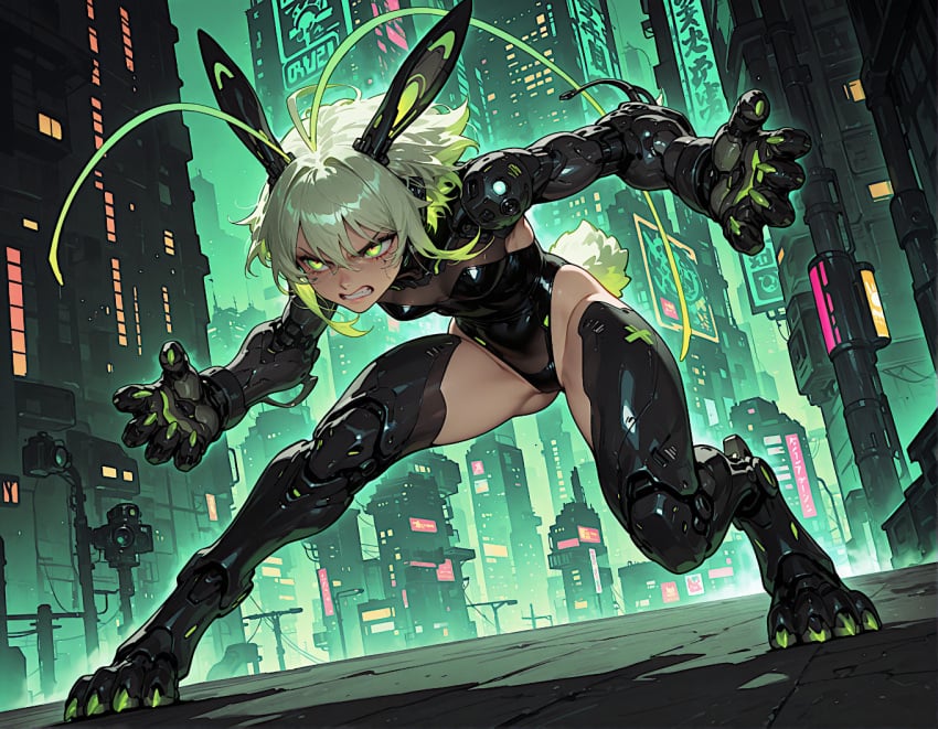 ai_generated angry angry_face cool_free_ringtones cybernetic_arm cybernetic_legs cybernetic_limb cybernetics cyberpunk female fighting_pose grappling green_hair leotard muscles rabbit_ears rabbit_girl rabbit_suit small_breasts