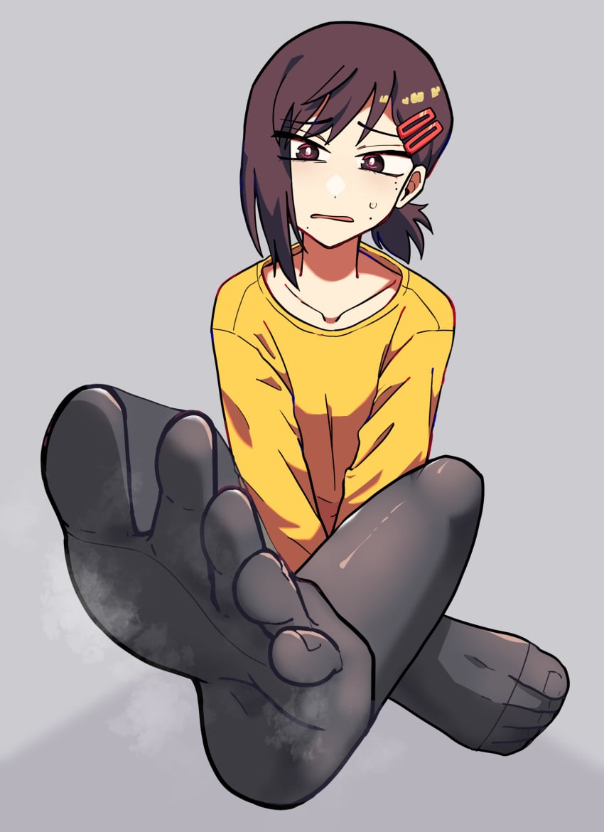 1girl 1girls black_pantyhose brown_hair chainsaw_man disgusted feet feet_focus feet_towards_viewer female foot_fetish foot_focus footwear fully_clothed grey_background hairclip higashiyama_kobeni pantyhose questionable shihaitan short_hair simple_background sitting soles soles_of_feet_in_socks solo spread_toes steam steamy_feet sweat sweatdrop sweating tagme toes yellow_shirt