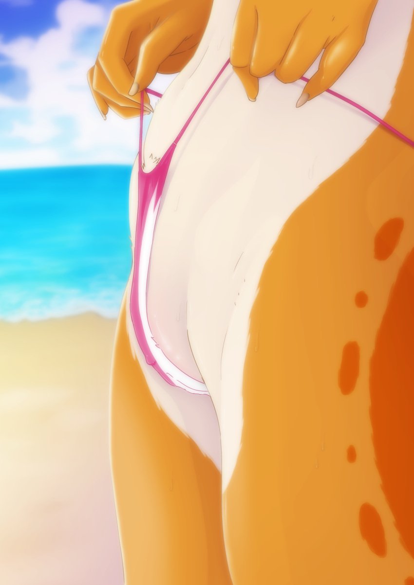 absurd_res aizawasilk anthro bikini bikini_bottom bikini_pull bikini_thong camel_toe clitoris clothing clothing_pull female fur genitals hi_res lagomorph leporid mammal orange_body orange_fur rabbit solo string_bikini sunspots swimwear swimwear_pull tangobunny two-piece_swimsuit