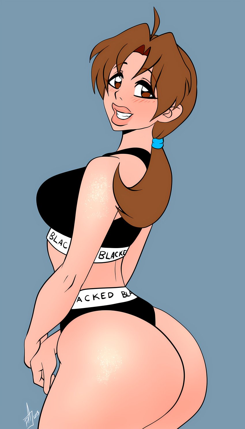 ass ass_focus blacked_clothing blush blush_lines delia_ketchum_(pokemon) female mature_female milf pokemon ponytail pranky smiley_face smiling_at_viewer