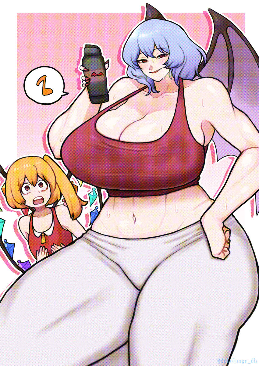 2girls big_breasts bigger_female blonde_female blonde_hair blonde_hair blonde_hair_female blue_hair blue_hair_female breasts dobolonge_db flandre_scarlet flat_chest flat_chested height_difference huge_breasts larger_female light-skinned_female light_blue_hair light_skin midriff older_sister remilia_scarlet shorter_female size_difference smaller_female thick_thighs thighs touhou touhou_project tummy vampire vampire_girl younger_sister