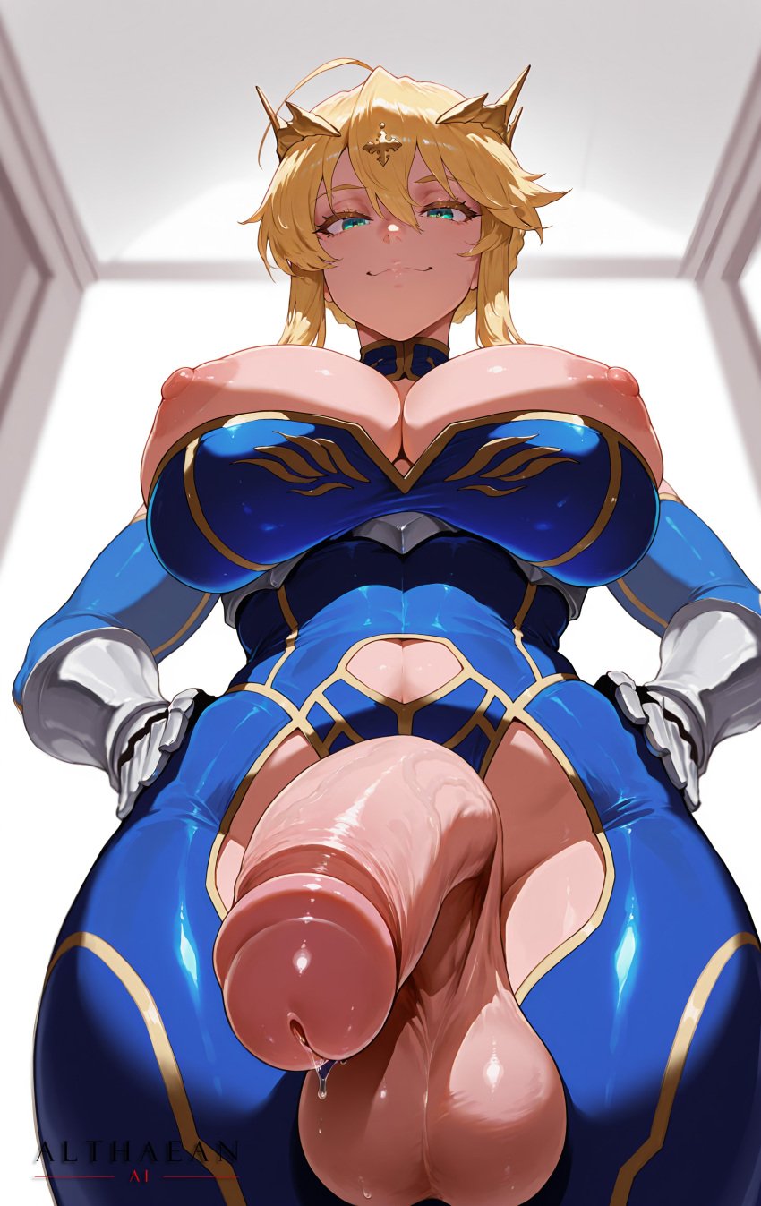 ai_generated alternate_costume althaean artoria_pendragon artoria_pendragon_(fate) artoria_pendragon_(lancer) artoria_pendragon_(lancer)_(fate) bare_shoulders blonde_hair cleavage cleavage_overflow crown depth_of_field fate/grand_order fate_(series) futanari gauntlets gold_jewelry hair_between_eyes hair_bun huge_breasts large_balls large_penis large_testicles looking_at_viewer low-angle_view nipple_slip nipples plump precum precum_drip puffy_nipples seductive short_hair sleeveless_turtleneck smug stable_diffusion sweat tagme taker_pov thick_thighs tiara tied_hair veiny_penis voluptuous voluptuous_futanari yellow_eyes