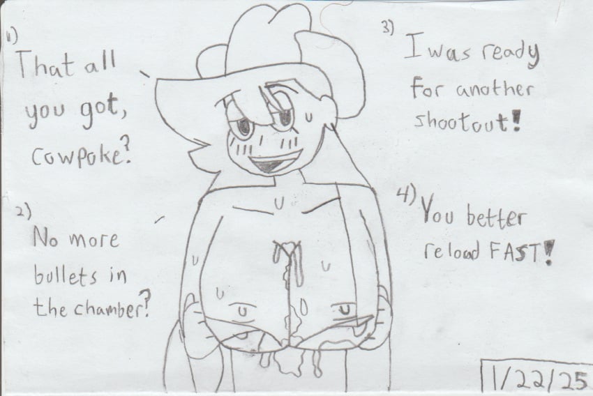 arms_pinned asking_for_more blush cow_print_bikini cowboy_hat cum_between_breasts cum_dripping_from_breasts dated half-closed_eyes hands_on_breasts large_breasts nipples nodders pencil_(artwork) self_upload shannon_gurr shgurr strap_slip sweatdrop talking_to_viewer text titjob youtube youtuber