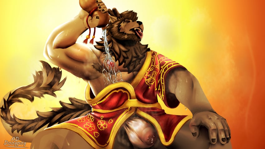 absurd_res anthro armpit_hair asian_clothing bodily_fluids body_hair breasts bulge clothing dodogpog dragon dripping east_asian_clothing eastern_dragon felid fundoshi genital_fluids hi_res horn hybrid japanese_clothing kimono lion male mammal muscular muscular_male musk musk_clouds mythological_creature mythological_scalie mythology nipples pantherine scalie simple_background solo tail underwear