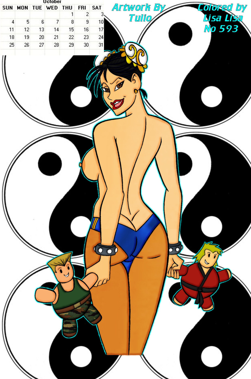 areola asian ass black_hair breasts brown_eyes calendar_(medium) capcom chun-li color colored dat_ass earrings erect_nipples female female_only guile hair_ornament human ken_masters lisa_lisa_(artist) looking_back nipples open_mouth solo straight_hair street_fighter topless tulio