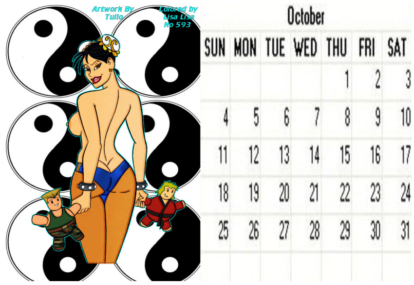 areola asian ass black_hair breasts brown_eyes calendar_(medium) capcom chun-li color colored dat_ass earrings erect_nipples female female_only guile hair_ornament human ken_masters lisa_lisa_(artist) looking_back nipples open_mouth solo straight_hair street_fighter topless tulio