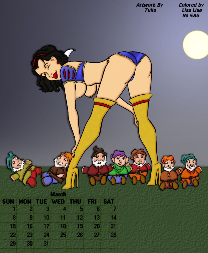 ass bashful_(snow_white) bent_over boots breasts calendar_(medium) disney disney_princess doc_(snow_white) dopey_(snow_white) dwarf female grumpy_(snow_white) happy_(snow_white) high_heel_boots lisa_lisa_(artist) male nipples princess royalty sleepy_(snow_white) sneezy_(snow_white) snow_white_(disney) snow_white_and_the_seven_dwarfs_(1937_film) thigh_boots tulio yellow_boots