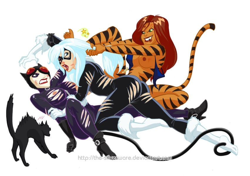 3girls avengers batman_(series) black_cat black_cat_(marvel) cat catfight catwoman crossover dc_comics felicia_hardy female hair_pull hair_pulling house_cat human marvel multiple_females multiple_girls scar scars selina_kyle spider-man_(series) straight_hair tail the-silverware tigra violence yuri