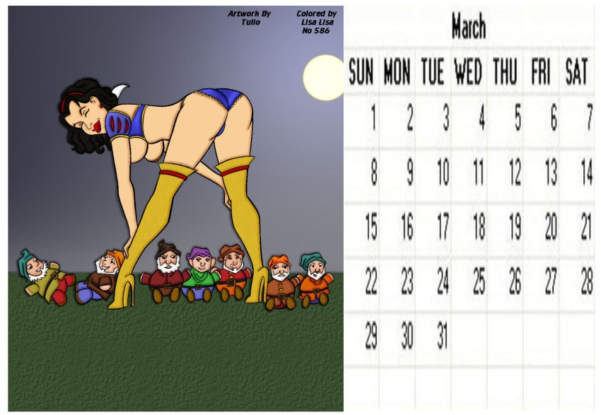 ass bashful_(snow_white) bent_over boots breasts calendar_(medium) disney disney_princess doc_(snow_white) dopey_(snow_white) dwarf female grumpy_(snow_white) happy_(snow_white) high_heel_boots lisa_lisa_(artist) male nipples princess pussy royalty sleepy_(snow_white) sneezy_(snow_white) snow_white_(disney) snow_white_and_the_seven_dwarfs_(1937_film) thigh_boots tulio yellow_boots