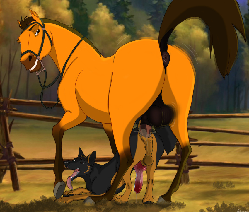 anal anal_sex anatomically_correct anatomically_correct_genitalia anatomically_correct_penis animal_genitalia animal_penis anus backsack balls bodily_fluids bridle canid canine canis domestic_dog dreamworks equid equine equine_penis erection feral feral_on_feral gay genital_fluids genitals grin hair harper_(harpershep) hi_res holidaypup hooves horse horsecock interspecies male male/male mammal nature nature_background penetration penis raised_tail sex smile spirit:_stallion_of_the_cimarron spirit_(character) testicles yaoi