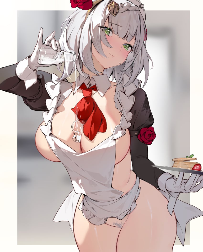 absurdres apron arm_up between_breasts braid breasts cleavage commentary_request cowboy_shot detached_collar detached_sleeves female female female_pubic_hair flower frills genshin_impact gloves green_eyes grey_hair hair_flower hair_ornament highres holding houkiboshi_(mmjw7432) juliet_sleeves large_breasts long_sleeves looking_at_viewer maid maid_apron maid_headdress necktie no_bra no_panties noelle_(genshin_impact) object_on_breast plate pouring_onto_self pubic_hair puffy_sleeves revealing_clothes short_hair smile solo standing white_gloves