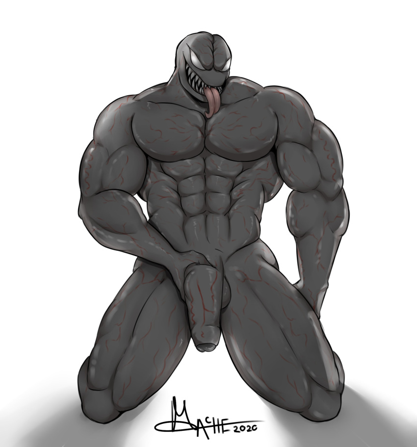 2020 abs absurd_res balls flaccid foreskin front_view genitals grey_body hi_res holding_penis humanoid humanoid_genitalia humanoid_penis kneeling long_tongue mache male muscular muscular_male not_furry nude penis shadow sharp_teeth signature simple_background smile solo symbiote teeth thick_penis tongue tongue_out uncut vein white_background white_eyes