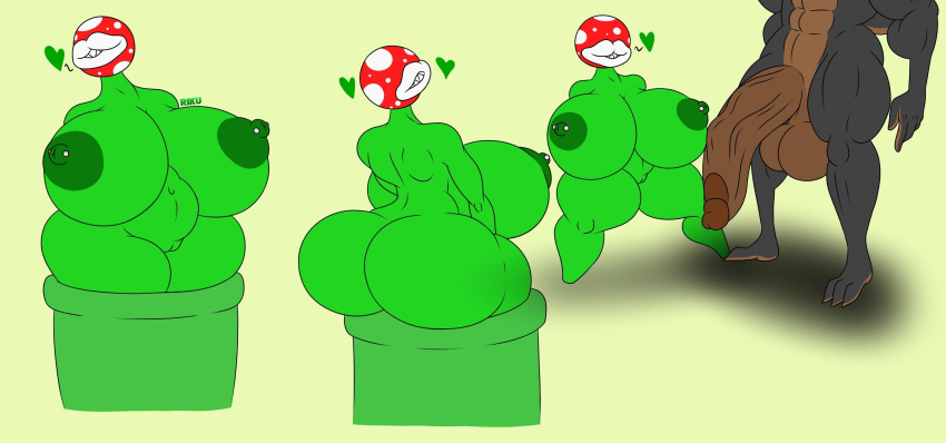 absurd_res anthro ass big_breasts big_butt big_penis breasts duo elemental_creature eyeless female flora_fauna genitals green_body heart hi_res huge_breasts huge_butt huge_cock humanoid male male/female mario_(series) multiple_images nintendo nipple_piercing nipples penis piercing piranha_plant plant plantie riku9797 tube video_games