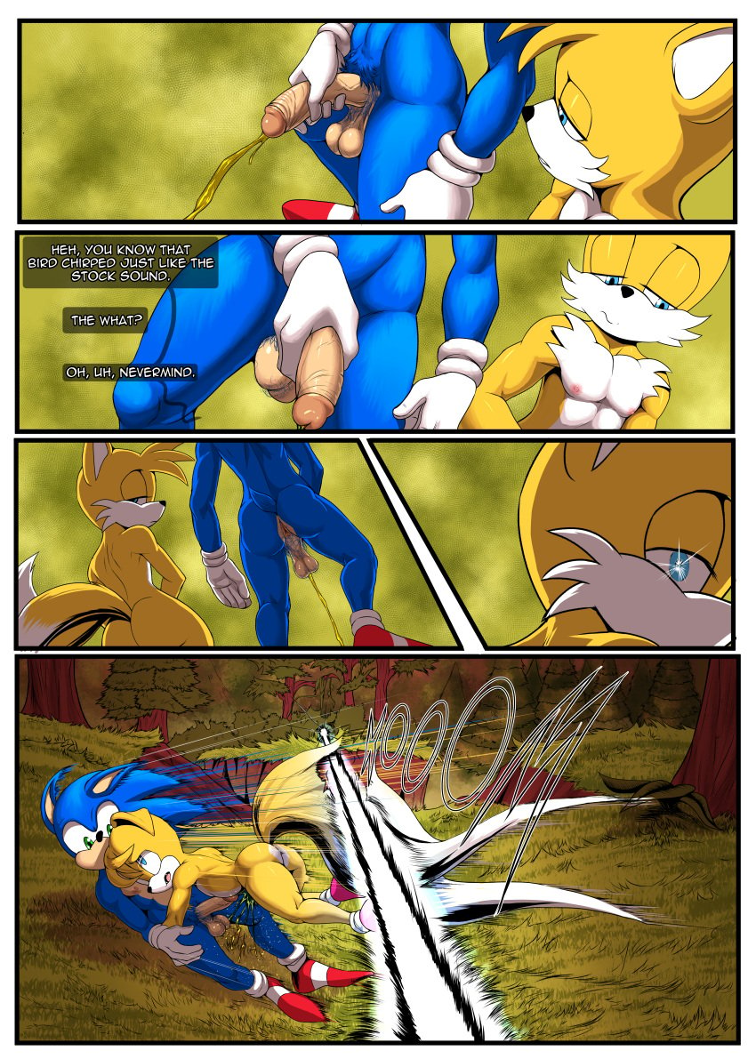 absurd_res anthro anus bodily_fluids canid canine casual comic english_text eulipotyphlan exposed_torso footwear forest fox genital_fluids handwear hedgehog hi_res huge_filesize kokobiel male male/male male_only mammal nipples nude outside peeing peeing_on_another plant pubes sega sonic_(series) sonic_the_hedgehog sonic_the_hedgehog_(series) tails text tree urine urine_stream