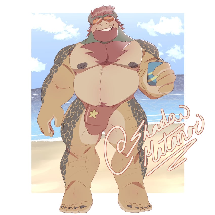 1:1 1boy 2021 absurd_res anthro bara barazoku beach beard belly beverage_can big_belly big_bulge big_muscles body_hair border bowser bulge can chest_hair clothing cloud container day eyebrows eyewear facial_hair front_view gay genital_outline hair hairy hi_res holding_can holding_container holding_object horn huge_muscles koopa male male_focus male_only mario_(series) muscular muscular_anthro muscular_male navel nintendo nipples outside pecs penis_outline pubes sand scalie seaside shadowmatamori signature sky smile solo speedo standing sunglasses swimwear tattoo teeth text thick_thighs url video_games water white_border