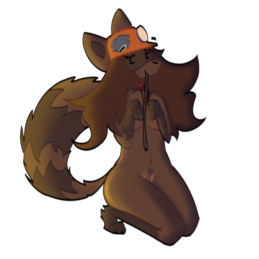 1:1 alpha_channel anthro armor breasts brown_body brown_fur brown_hair clothing female fur genitals hair hard_hat hat headgear headwear helmet hi_res kneeling leash leash_in_mouth mammal object_in_mouth phol procyonid pussy raccoon roquet smile solo team_fortress_2 transparent_background valve video_games