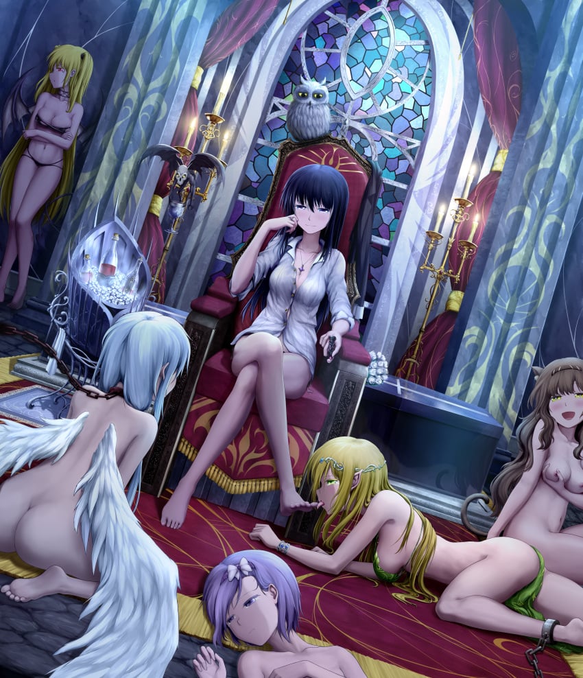 6girls angel_wings ankle_cuffs ass barefoot black_hair blonde_hair bondage bottomless breasts brown_hair button_down_shirt candle cat_ears cat_tail catgirl chain_leash cleavage demon_wings distopia elf elf_ears female female_only femdom femsub foot_fetish foot_lick foot_worship groping_self harem kneeling large_breasts lezdom licking_foot loincloth long_hair multiple_females multiple_girls multiple_subs nude nude_female original original_characters owl pointy_ears purple_hair sex_slave short_hair slave slave_bikini slave_collar slave_outfit slavegirl submissive_female succubus throne white_hair yulia_(artist) yuri