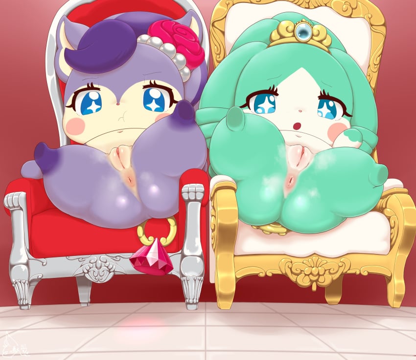 absurd_res accessory anus ass better_version_at_source chair chibi cocotama duo female flower flower_in_hair front_view furniture genitals hair hair_accessory hi_res hirake!_cocotama looking_at_viewer navel no_humans nude plant presenting presenting_hindquarters pussy ruby_(cocotama) sake_kemosalmon slightly_chubby star_eyes tia_(cocotama)