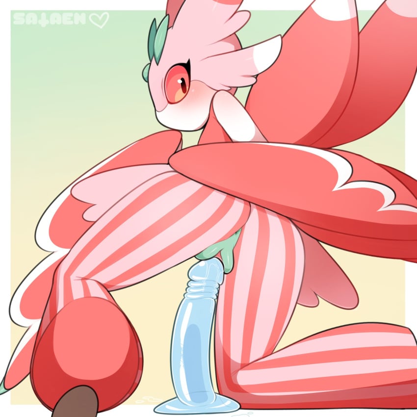 1:1 2020s 2021 anthro anus arthropod ass biped black_eyes blush bodily_fluids dildo female genital_fluids genitals gradient_background hi_res kneeling looking_at_viewer looking_back lurantis masturbation nintendo on_one_leg penetration pink_body pokemon pokemon_(species) pussy pussy_juice rear_view red_sclera sataenart sex_toy shallow_penetration simple_background solo standing striped_legs toying_self vaginal_masturbation vaginal_penetration video_games wings