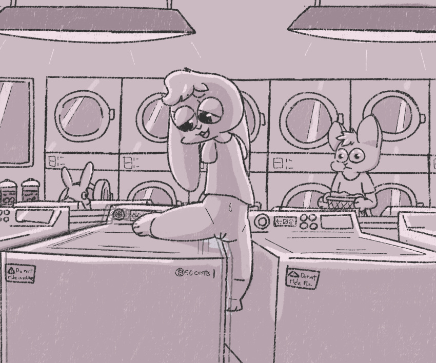 6:5 amputee anthro appliance armless bottomless bunnyqueen clothed clothing detailed_background disability english_text female female_focus genitals group half-closed_eyes hi_res holding_object improvised_sex_toy inside lagomorph lamp laundromat laundromat_exhibitionism laundry_basket leporid looking_at_another male mammal masturbation narrowed_eyes pussy rabbit restricted_palette sitting spot_color standing text trio vibrating washing_machine