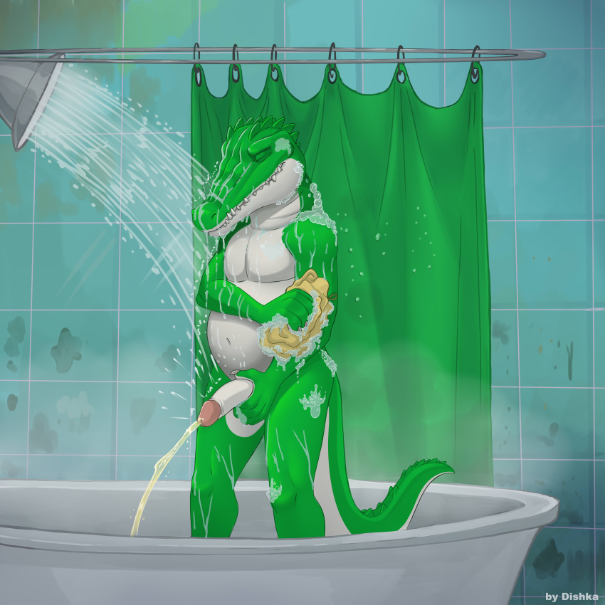 1:1 5_fingers absurd_res alligator alligatorid anthro balls bathroom bathtub bodily_fluids claws closed_eyes cregon crocodile crocodilian crocodylid dishka drapes fingers gay genital_fluids genitals green_body green_scales hand_on_penis hi_res humanoid_genitalia humanoid_hands humanoid_penis male multicolored_body multicolored_scales nude peeing penis reptile scales scalie shower_head showering soap soap_bubbles solo sponge steam suds teeth teeth_showing tile tile_wall two_tone_body two_tone_scales urine urine_stream wall_(structure) watersports wet white_body white_scales