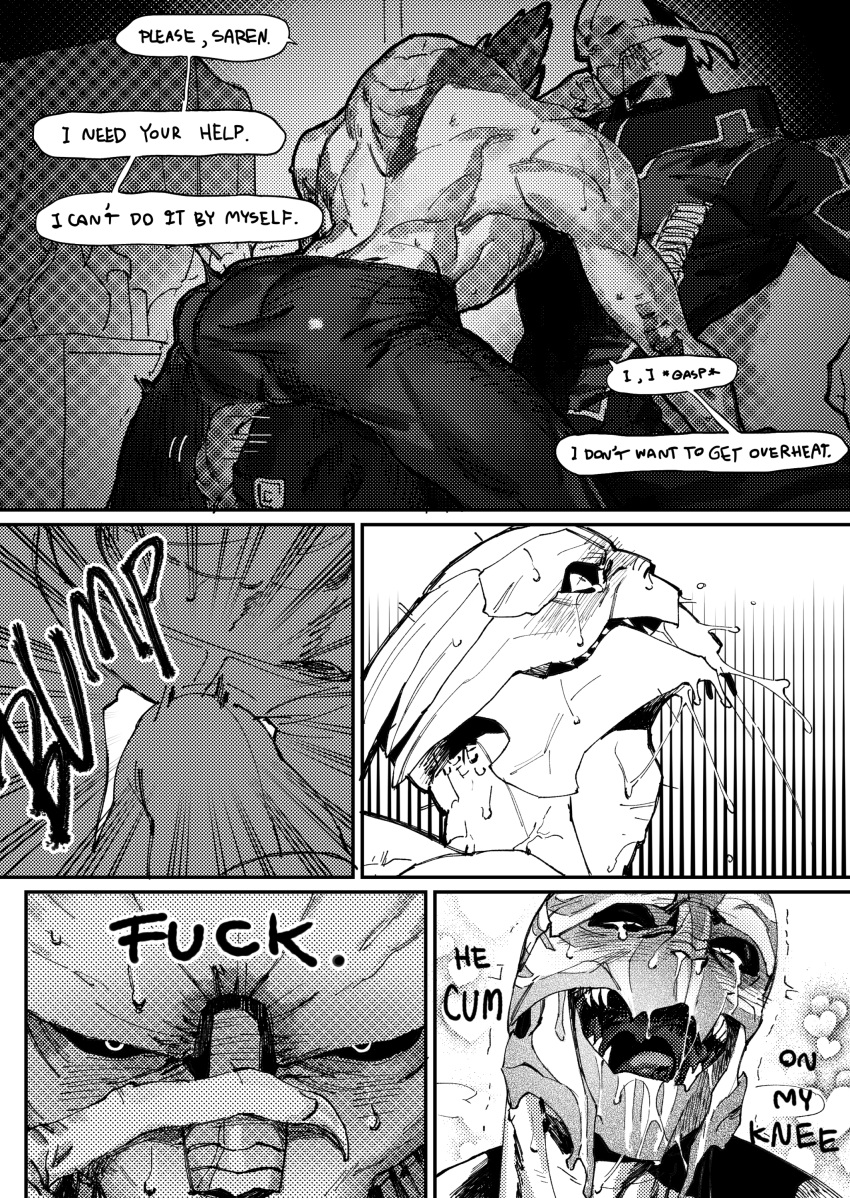 2boys absurd_res ahe_gao alien artist_request ass big_muscles black_sclera bodily_fluids bottomwear bulge bulge_rubbing clothed clothed_sex clothing comic cum cum_in_clothing dialogue dithering dry_humping duo english_text finger_on_face first_person_view frottage gay genital_fluids head_on_hand hi_res kaan_rawy looking_at_another looking_at_partner looking_at_viewer looking_pleasured male male/male mass_effect monochrome multiple_images muscular muscular_male nihlus_kryik open_mouth orgasm orgasm_face pants rubbing_crotch saliva saren_arterius sex shirt sitting sweat tears tears_of_pleasure text tongue topless topwear turian uvula video_games