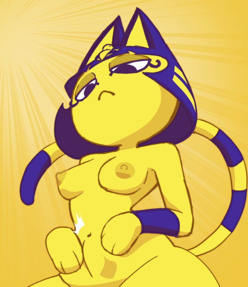 2021 absurd_res animal_crossing ankha ankha_ride_(minus8) anthro blue_hair breasts cowgirl_position domestic_cat drpizzaboi1 felid feline felis female fur hair hi_res looking_down mammal nintendo nipples solo stomach_bulge unfazed_by_stomach_bulge video_games yellow_body yellow_fur