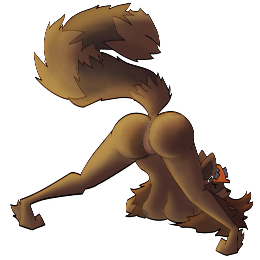 1:1 alpha_channel anthro anus armor breasts brown_body brown_fur brown_hair clothing female fur genitals hair hard_hat hat headgear headwear helmet hi_res jack-o'_pose long_hair mammal phol pose procyonid pussy raccoon rear_view roquet smile solo spread_legs spreading team_fortress_2 transparent_background valve video_games