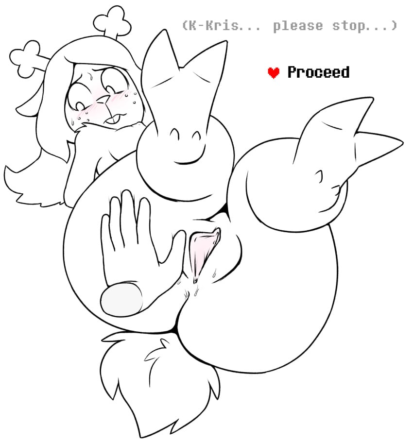 anthro arms_behind black_and_white blush breasts cervid deltarune female genitals hi_res human kris_(deltarune) male mammal noelle_holiday nude offscreen_character pussy questionable_consent rawrunes snowgrave spread_pussy spreading undertale_(series) video_games