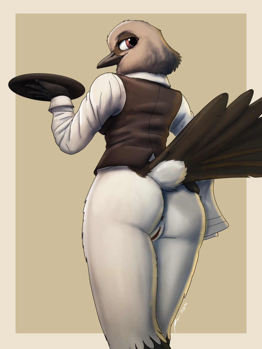 3:4 anthro anus ass avian bartender bird bottomless clothed clothing female fish_birb genitals hi_res millie_(fish_birb) narrowed_eyes no_pants no_underwear oscine partially_clothed passerine plate pussy raised_tail simple_background solo starling_(bird) suit waiter