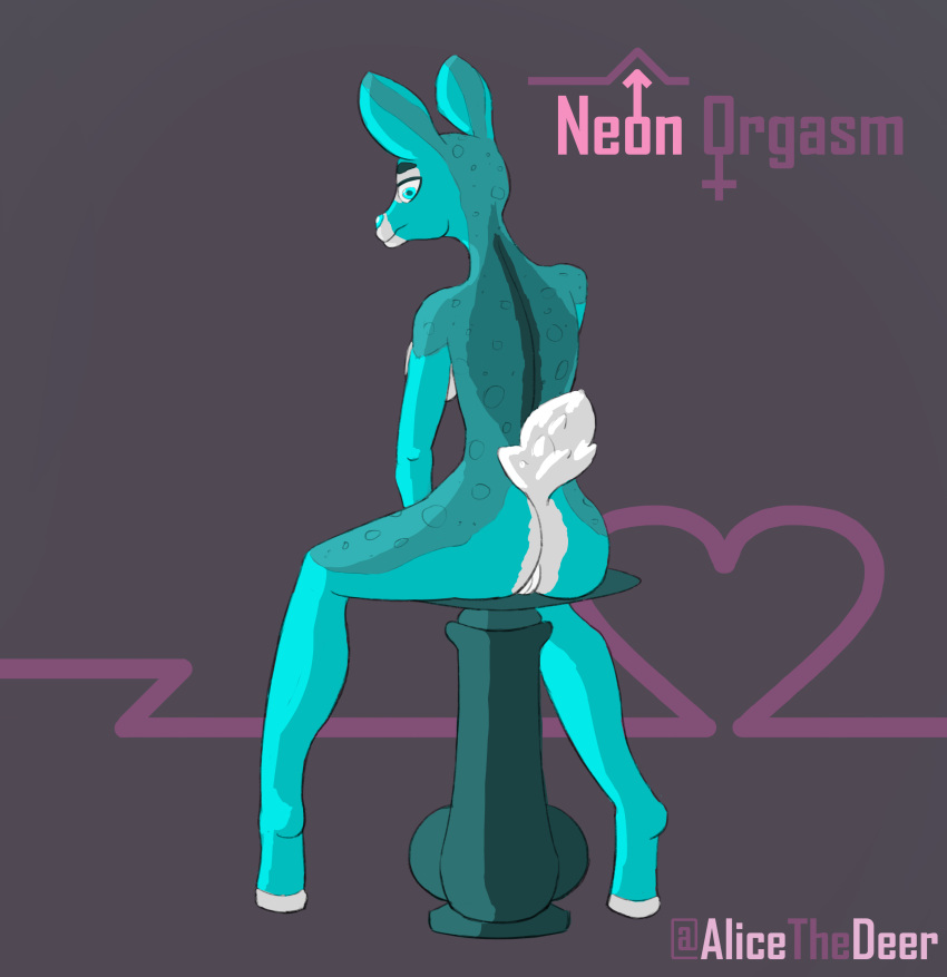 absurd_res alice_(alicethedeer) alicethedeer anthro ass biped blue_body blue_fur cervid cervine english_text female fluffy fluffy_tail fully_shaded fur hi_res mammal nude pinup pose sex_toy simple_background sitting solo text thick_thighs