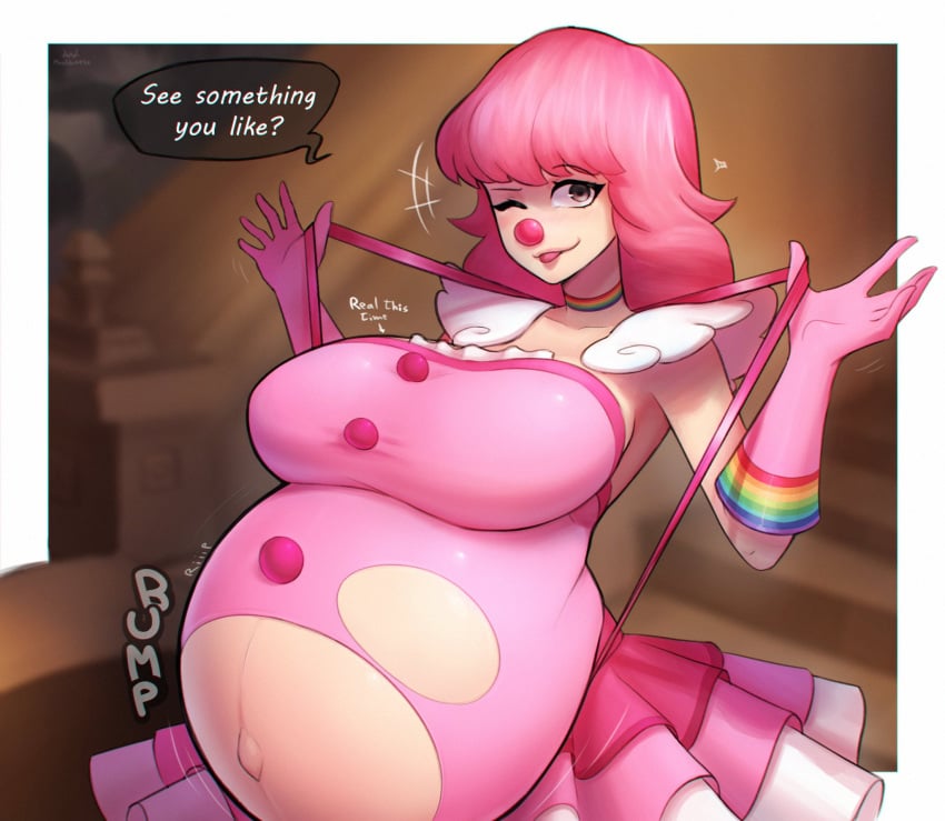 arawaffle big_belly brown_eyes capcom clown_makeup clown_nose geiru_toneido gyakuten_saiban hourglass_figure outie_navel pink_hair pregnant ready_to_pop red_nose tongue_out wink winking