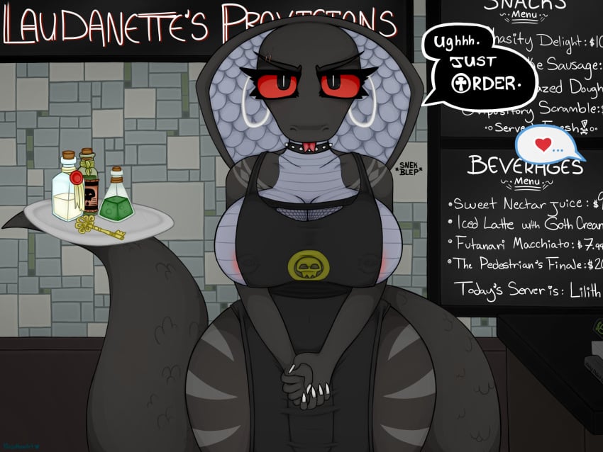 4:3 angry anthro apron apron_only big_breasts black_body blep bone breast_squish breasts bulge cafe choker cleavage clothed clothing cobra coffee_shop curvaceous curvy_figure darkest_dungeon detailed_bulge dialogue english_text genital_outline goth gynomorph heart hi_res hiding_erection i_mean_breast_milk iced_latte_with_breast_milk intersex jewelry looking_at_viewer markings meme menu mostly_nude necklace ninjamoon nipple_piercing nipples penis_outline piercing pliskin_(ninjamoon) red_eyes reptile scales scalie scar shy skull small_clothing snake snake_hood solo speech_bubble squish text thick_thighs tile tile_wall tongue tongue_out unusual_anatomy unusual_tail voluptuous wall_(structure) wide_hips