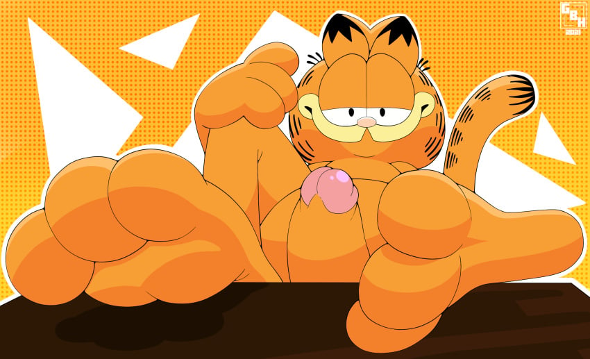 2021 artist_logo domestic_cat feet felid feline felis garfield_(series) garfield_the_cat genitals giantboonehusky_(artist) hi_res logo looking_at_viewer male mammal paws penis show_off smile smiling_at_viewer smirk toes year