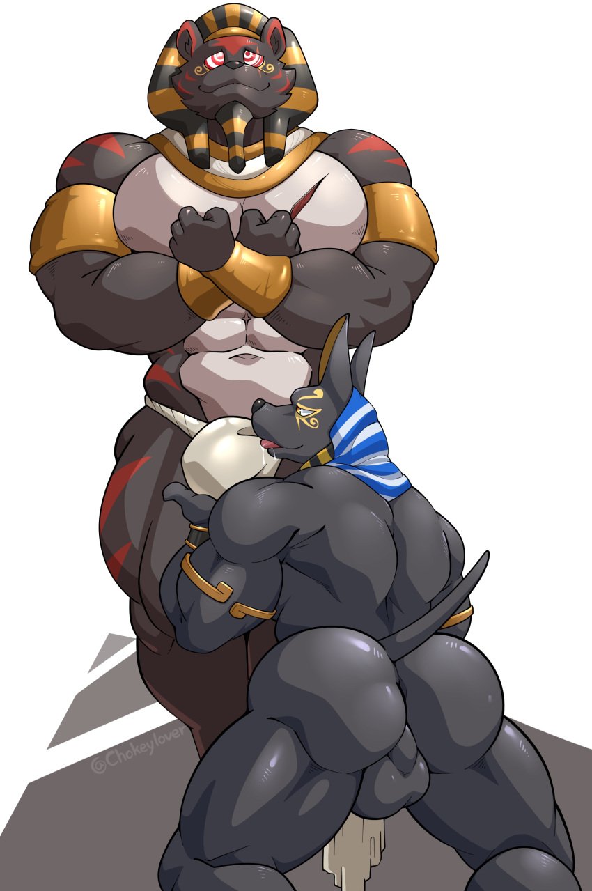 absurd_res anthro anubian_jackal anubis armband asian_clothing ass backsack balls big_muscles big_pecs black_body black_fur bracelet bulge canid canine canis clothing deity duo east_asian_clothing egyptian_mythology felid fundoshi fur genitals gold_(metal) gold_jewelry hi_res jackal japanese_clothing jewelry licking maldu male male/male mammal melanistic middle_eastern_mythology mind_control muscular muscular_anthro muscular_male mythology pantherine pecs perineum ringed_eyes standing tiger tongue tongue_out underwear