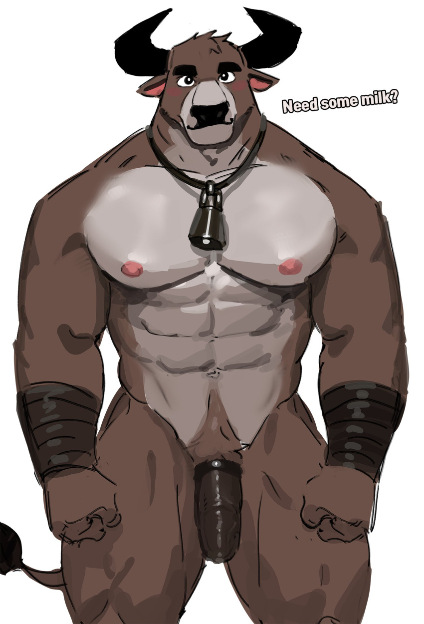 1boy abs accessory anthro areola biped blush bovid bovine brown_body brown_fur brown_penis cattle cock_ring cowbell dopq english_text fur genitals hi_res horn jewelry male male_only mammal muscular muscular_anthro muscular_male nipples pecs penis penis_accessory penis_jewelry pink_nipples simple_background solo tail_tuft text tuft white_background