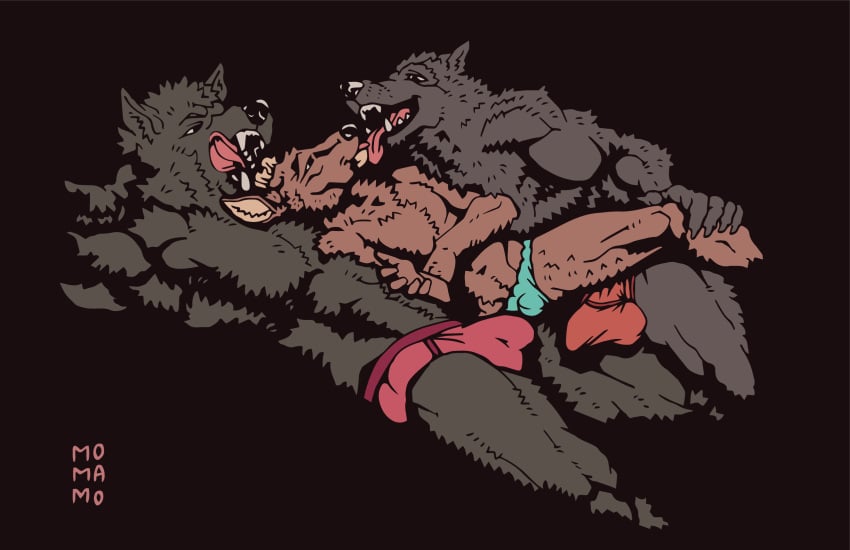 anthro big_muscles briefs brown_body brown_fur bulge canid canine canis cervid cervine clothed clothing cuddling digital_media_(artwork) dominant dominant_male elk erection fur grey_body grey_fur group hi_res licking male male/male mammal momamo muscular muscular_male predator/prey simple_background smile submissive submissive_male tongue tongue_out topless trio underwear wolf