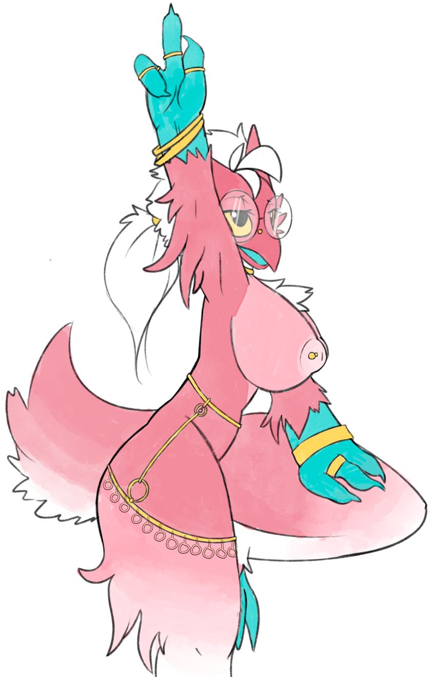 absurd_res anthro black_eyes blaziken borky-draws bracelet breasts fan_character female fur hair hi_res jewelry nintendo nipple_piercing nipples piercing pink_body pink_fur pokemon pokemon_(species) ponytail ring solo video_games white_body white_fur white_hair yellow_sclera