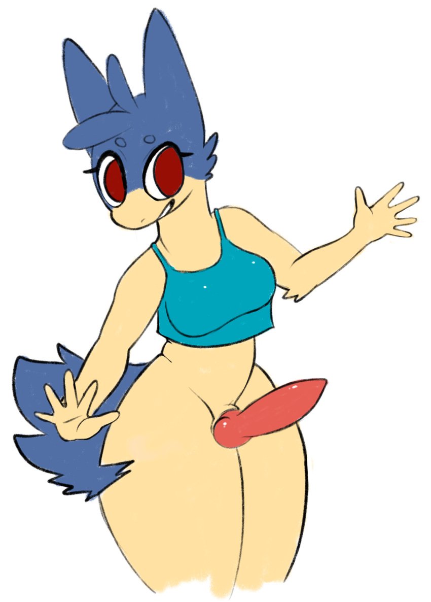 absurd_res anthro blue_body blue_fur borky-draws breasts clothing crop_top ember_the_typhlosion erection eyebrows fur futanari genitals gynomorph hi_res intersex knot nintendo penis pokemon pokemon_(species) red_eyes shirt solo topwear typhlosion video_games yellow_body yellow_fur