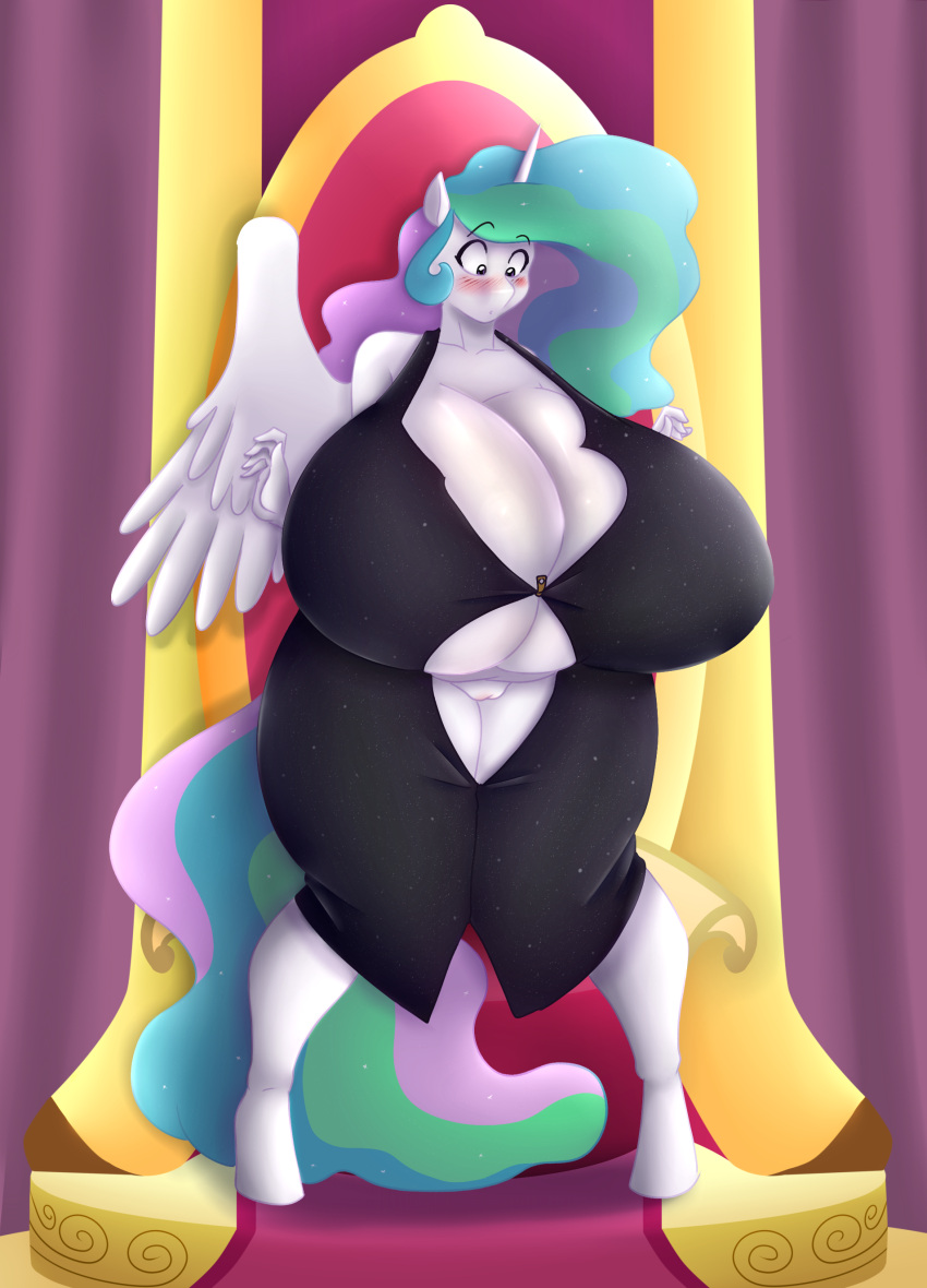 09hankris 2018 5_fingers absurd_res alicorn anthro big_breasts blush breast_expansion breasts clothing dress equid equine female fingers friendship_is_magic genitals hasbro hi_res horn huge_breasts hyper hyper_breasts mammal marauder6272 my_little_pony princess_celestia_(mlp) purple_eyes pussy solo white_body wings zipper