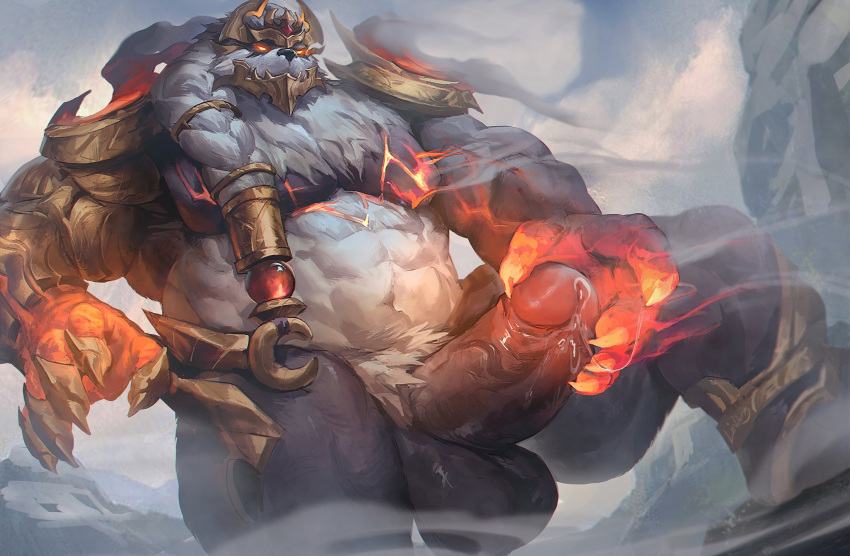 2021 abs anthro armor balls barazoku biceps big_balls big_penis black_body black_fur black_nose bodily_fluids claws cloud day detailed dripping erection finger_claws fire fur genital_fluids genitals giant_panda glowing glowing_eyes hand_on_penis hi_res lava league_of_legends lindong male male_only mammal mountain muscular muscular_anthro muscular_male muscular_thighs navel outside pecs penis precum precum_drip precum_string pubes quads riot_games sky solo steam step_pose thick_penis thick_thighs ursid vein veiny_penis video_games volibear white_body white_fur