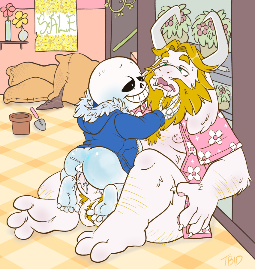 aloha_shirt anal anal_sex anthro asgore_dreemurr ass balls beard belly bigger_penetrating blonde_hair blush bodily_fluids bone bottomless bottomless_male bovid caprine clothing cum cum_in_ass cum_in_pussy cum_inside deltarune duo ejaculation erection facial_hair furry gay gay_sex genital_fluids genitals goat hairy_balls hi_res hooded_jacket horn long_ears male male/male male_only male_penetrated male_penetrating male_penetrating_male mammal nipples overweight pattern_clothing pattern_shirt pattern_topwear penetration penile penile_penetration penis riding_crop saliva_string saliva_trail sans shirt sitting sitting_on_floor size_difference skeleton smaller_penetrated store tbid topwear undertale_(series) video_games