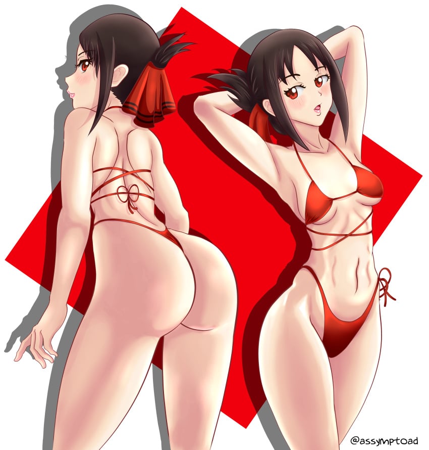 1girls armpits arms_behind_head ass ass_focus assymptoad bangs bare_arms bare_shoulders big_ass bikini black_hair blush breasts child_bearing_hips collarbone confident eyebrows_visible_through_hair fat_ass folded_ponytail highres kaguya-sama_wa_kokurasetai_~tensai-tachi_no_renai_zunousen~ lipgloss lipstick long_hair looking_at_viewer makeup navel parted_bangs parted_lips pose posing red_eyes red_swimsuit sensual shinomiya_kaguya side-tie_bikini small_breasts swimsuit thong thong_bikini tied_hair white_background wide_hips