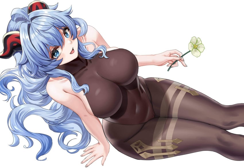 1girls alternate_eye_color arm_support bare_shoulders black_leotard blue_eyes blue_hair bodystocking breasts collarbone covered_navel female female_only flower from_above ganyu_(genshin_impact) genshin_impact goat_horns hair_between_eyes holding holding_flower horns large_breasts leotard leotard_under_clothes long_hair looking_at_viewer open_mouth piukute062 qingxin_flower simple_background sitting smile solo solo_female solo_focus tagme white_background