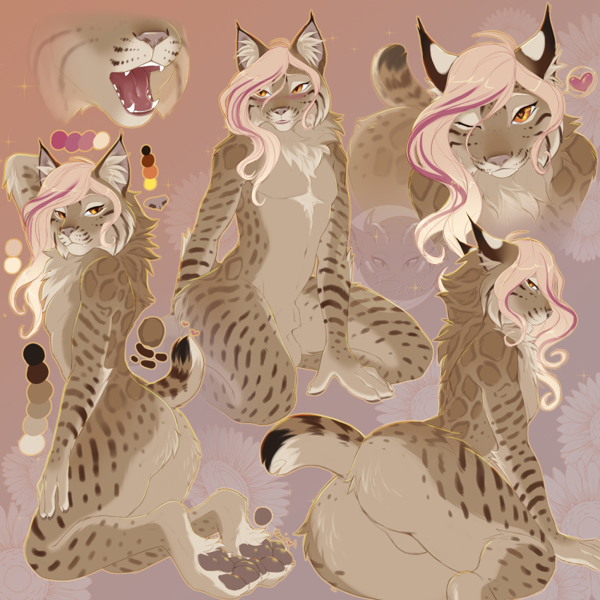 <3_eyes 1:1 animal_genitalia anthro anus ass backsack balls binxxy_(artist) blush bobcat chest_tuft color_swatch digital_media_(artwork) ear_tuft felid feline femboy full-length_portrait fully_sheathed furry genitals girly hair heart hi_res hindpaw inner_ear_fluff looking_at_viewer looking_back looking_back_at_viewer lynx male mammal model_sheet mouth_shot multiple_poses nude one_eye_closed open_mouth pawpads paws perineum pink_hair pink_nose pink_tongue portrait pose raised_tail shaded sheath solo tongue tuft wink