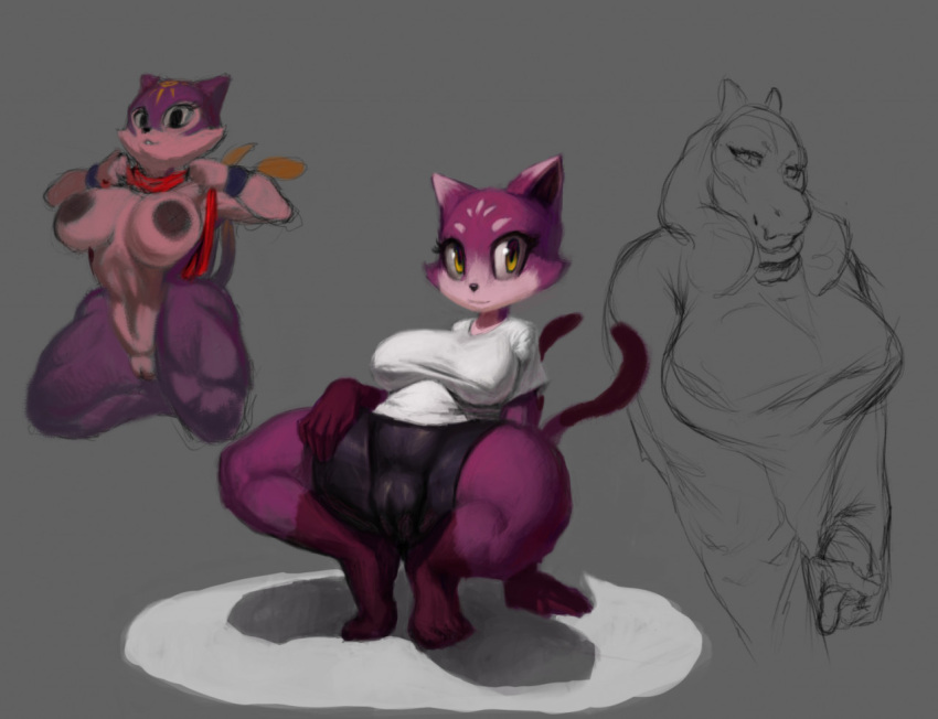 anthro arm_support boss_monster bottomwear bovid breasts cameltoe caprine clothed clothing clothing_lift crouching felid female fur genitals group looking_at_viewer mammal muscular muscular_anthro muscular_female nipples purple_body purple_fur pussy reclining shirt shirt_lift shorts simple_background sketch_page spread_legs spreading tena_(tenacitrus) tenacitrus thick_thighs topwear toriel undertale undertale_(series) video_games yellow_eyes